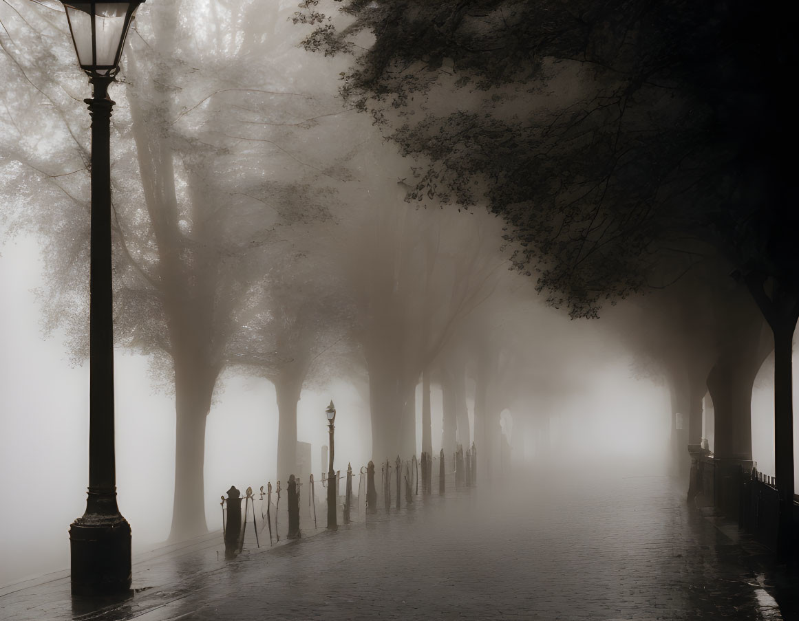 Misty cobblestone pathway with vintage street lamps in foggy setting