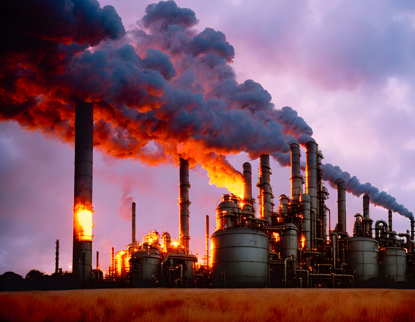 Industrial facility with multiple smokestacks emitting thick smoke at twilight