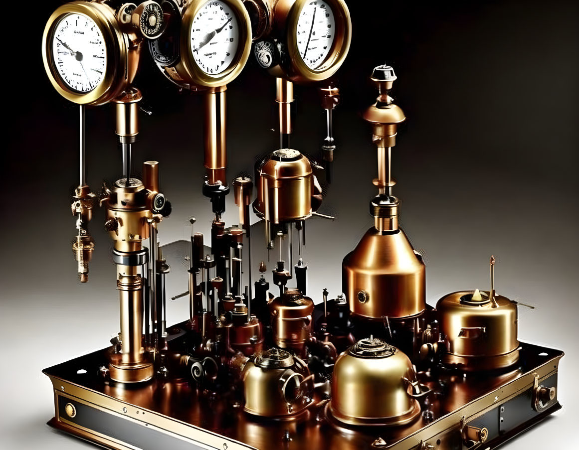 Steampunk apparatus with metallic parts and gauges on dark base