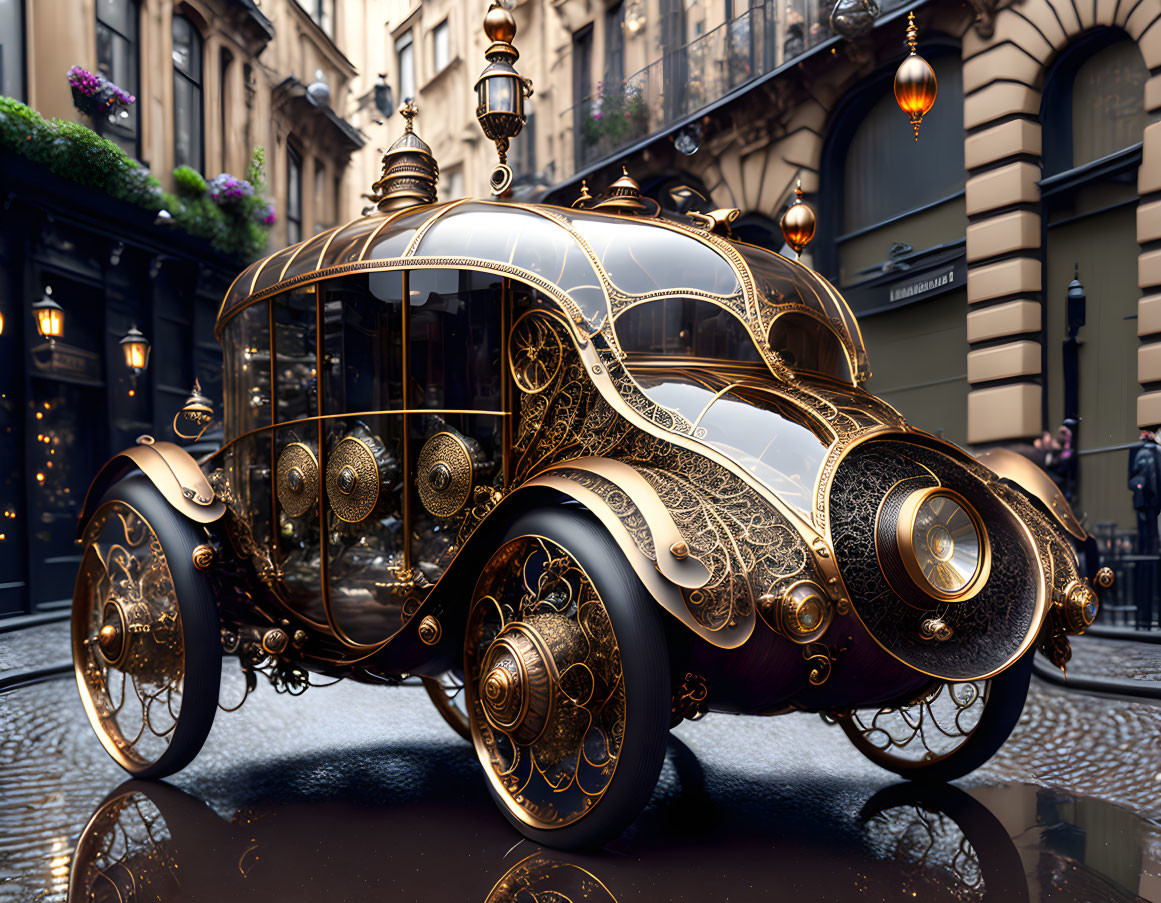 Vintage golden-patterned car parked on cobblestone street with classic architecture.