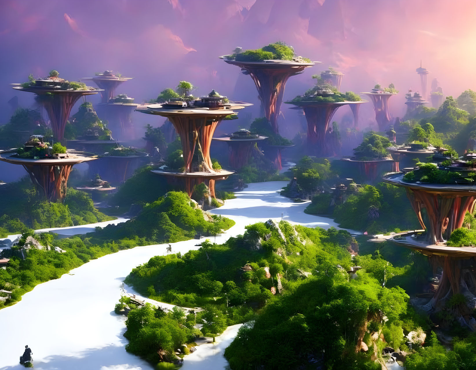 Fantastical landscape with towering mushroom structures and lush greenery by a serene river