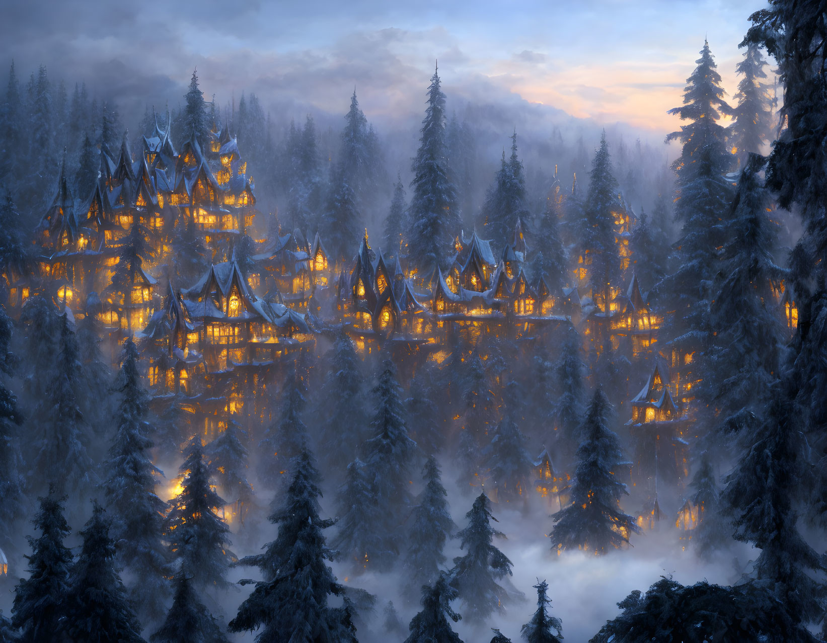 Enchanting village with pointed rooftops in snowy twilight