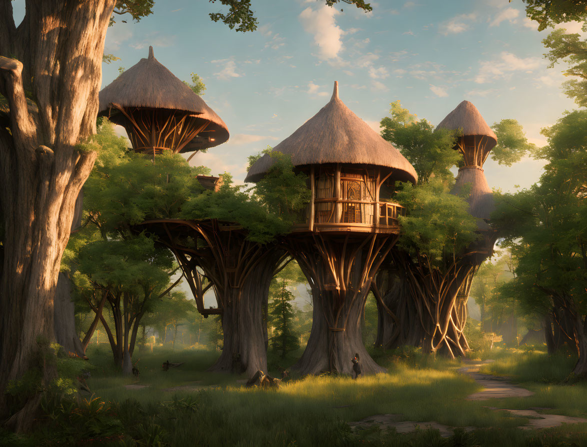 Whimsical Thatched Roof Treehouses in Sunlit Forest