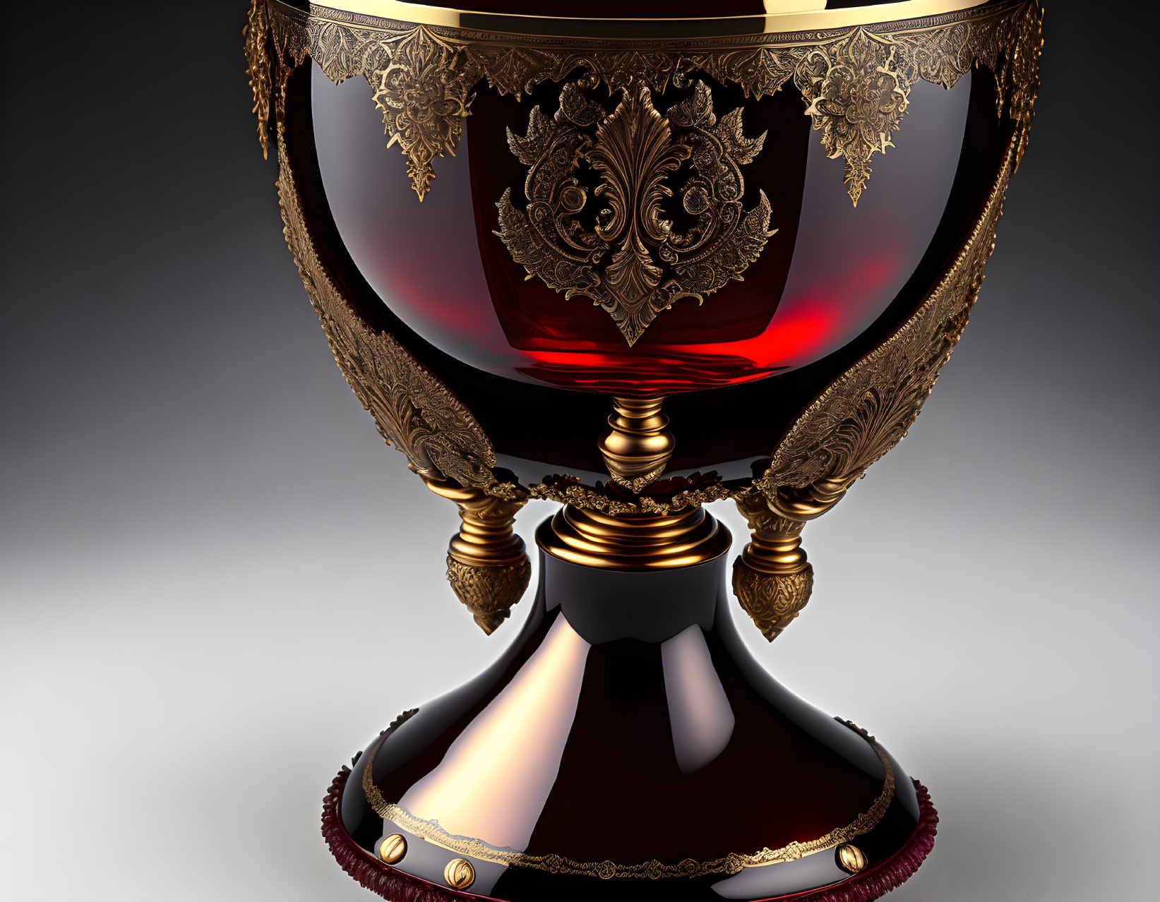 Golden goblet with intricate patterns and red accents on gradient backdrop