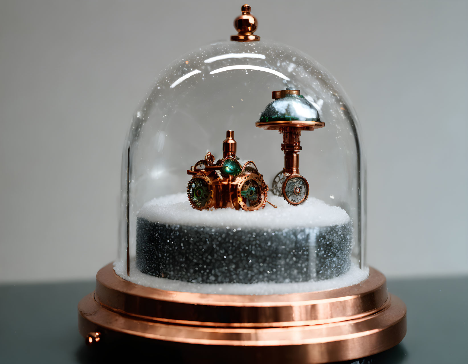 Steampunk-style train and lamp post in snow globe with white snow on gray background