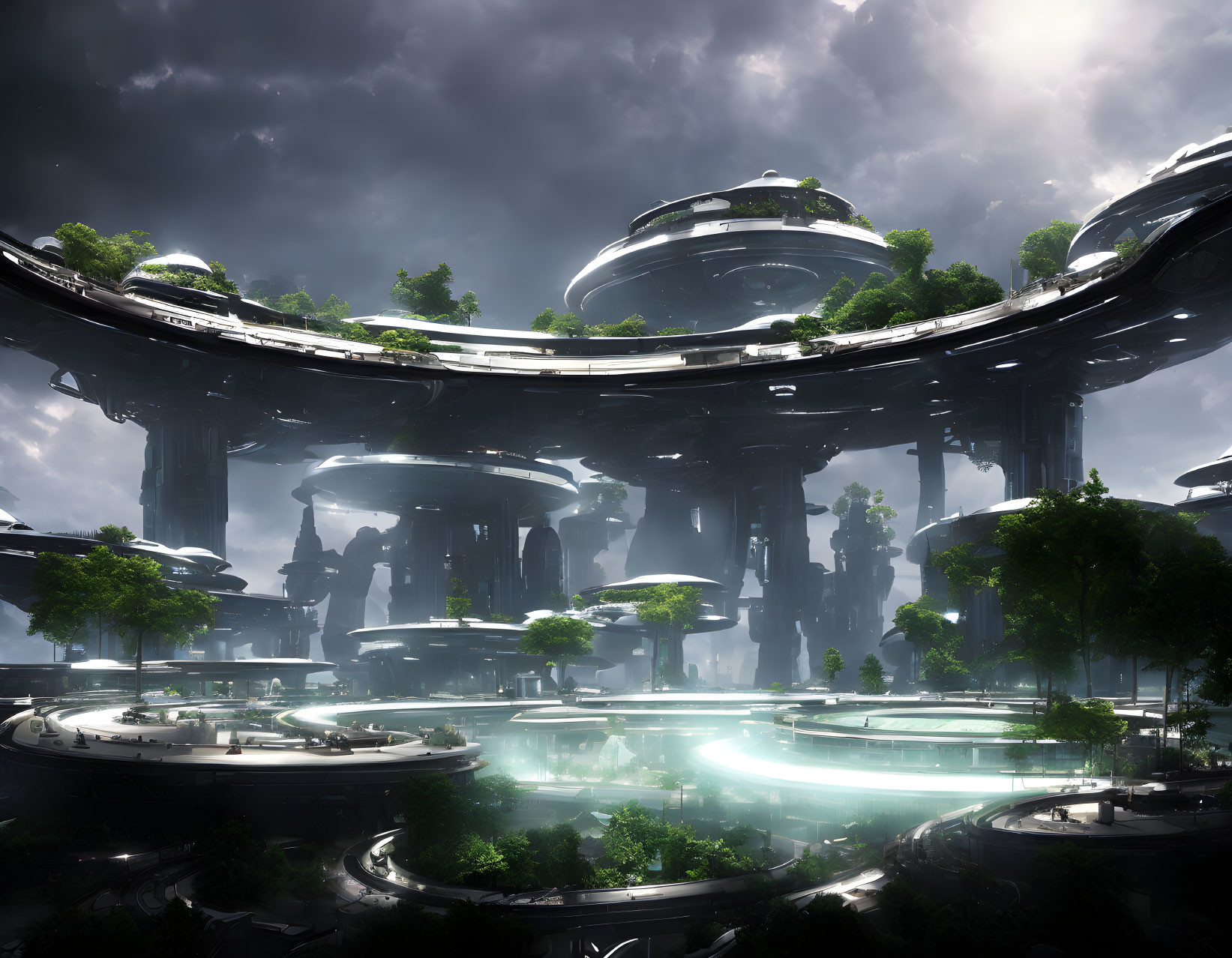 Advanced futuristic cityscape with towering structures and greenery under partly cloudy sky.