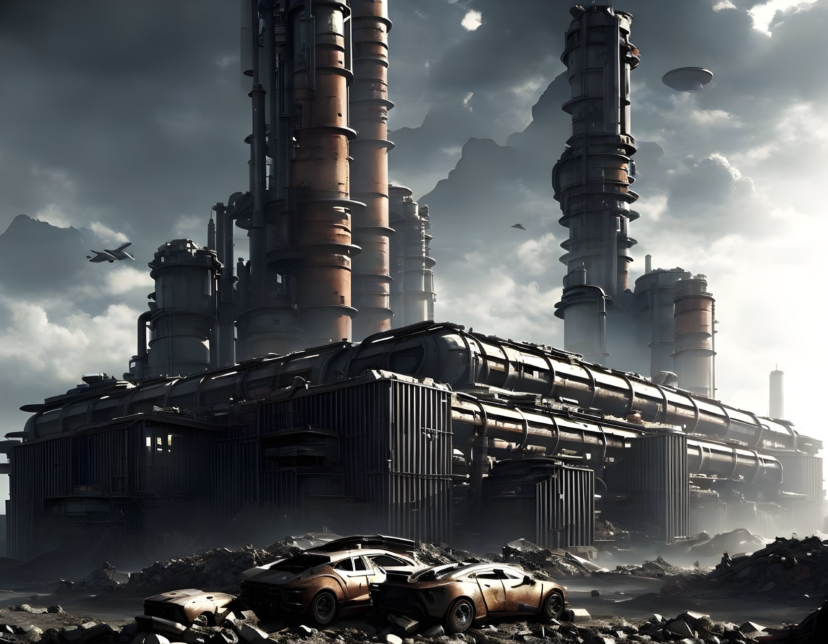 Dystopian landscape with industrial structures and hovering aircraft