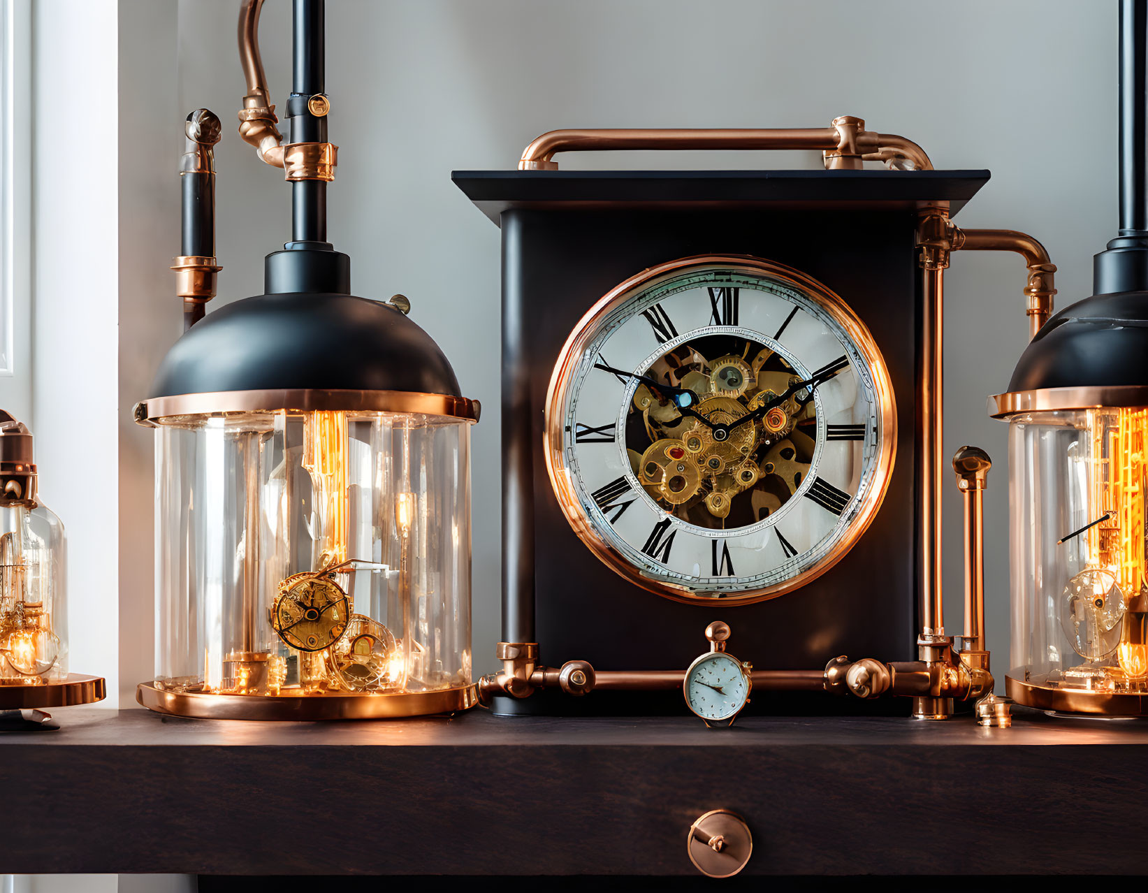 Vintage-Style Clock with Exposed Gears and Filament Lamps on Dark Surface