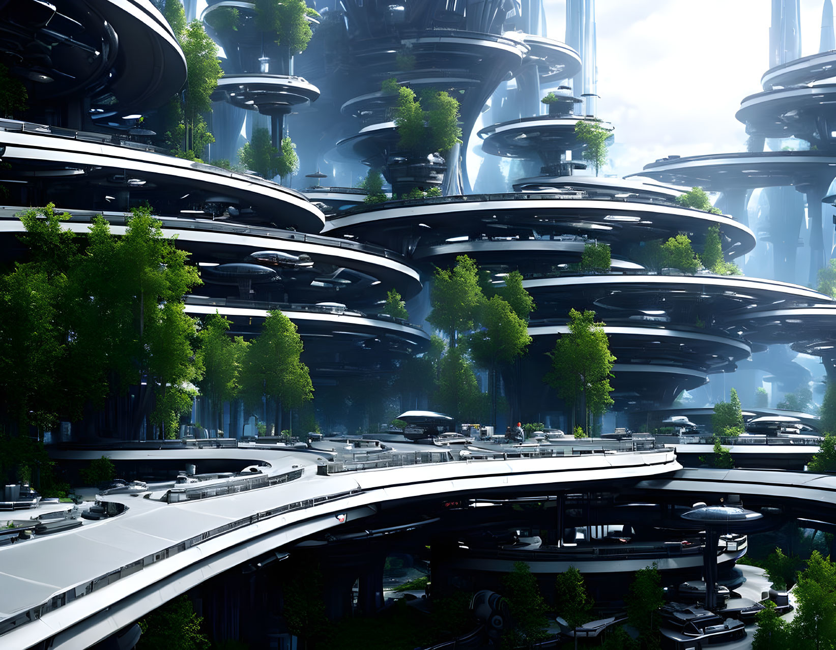 Advanced architecture in futuristic city with circular platforms and lush greenery