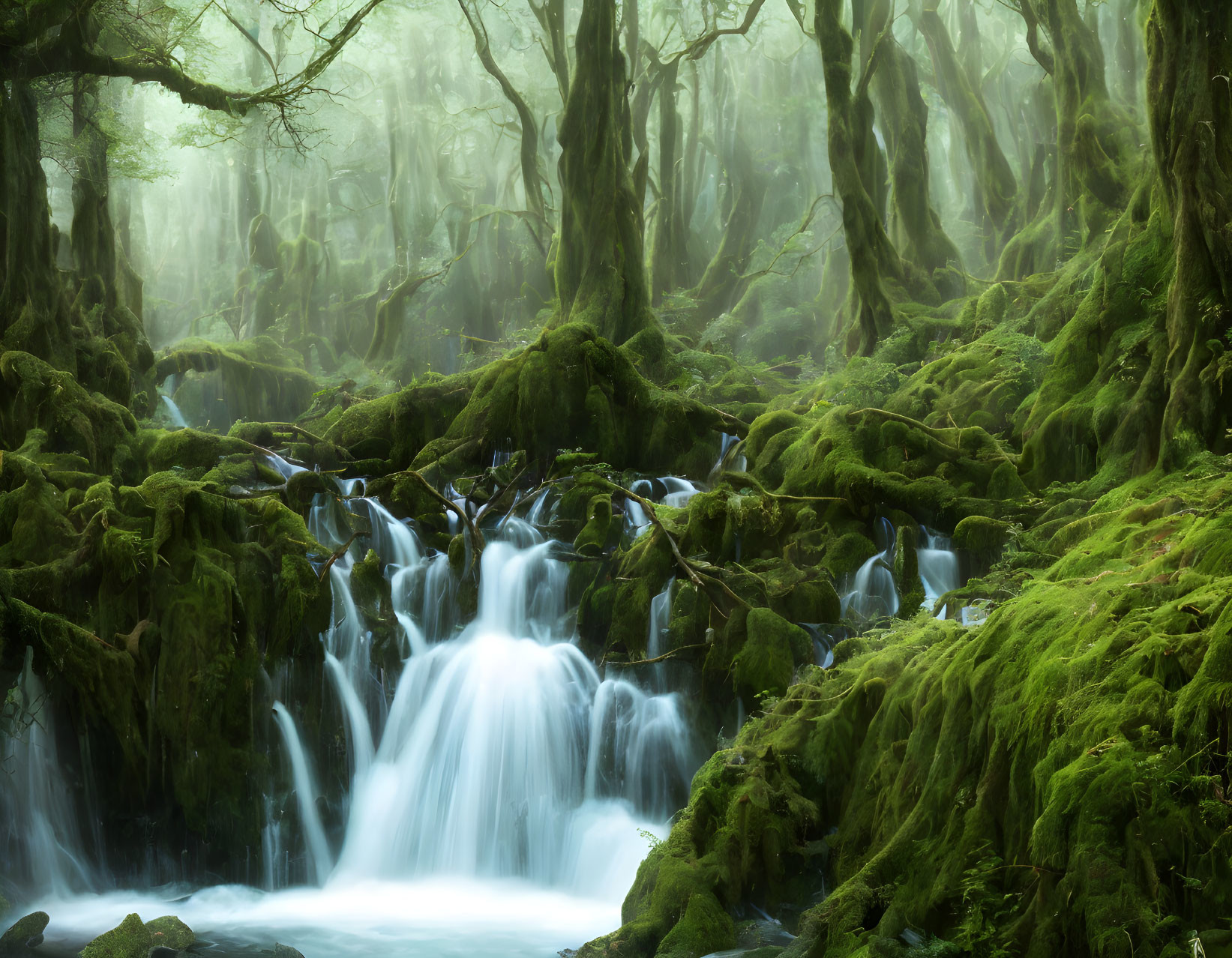 Tranquil forest scene: cascading stream, mossy trees, misty ambiance