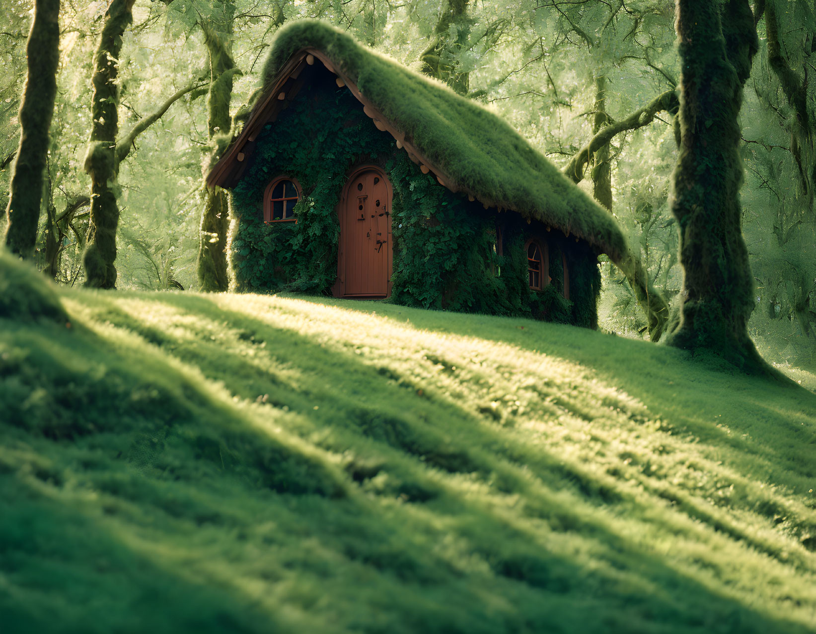 Thatched roof cottage in lush green forest with sunlight filtering through trees