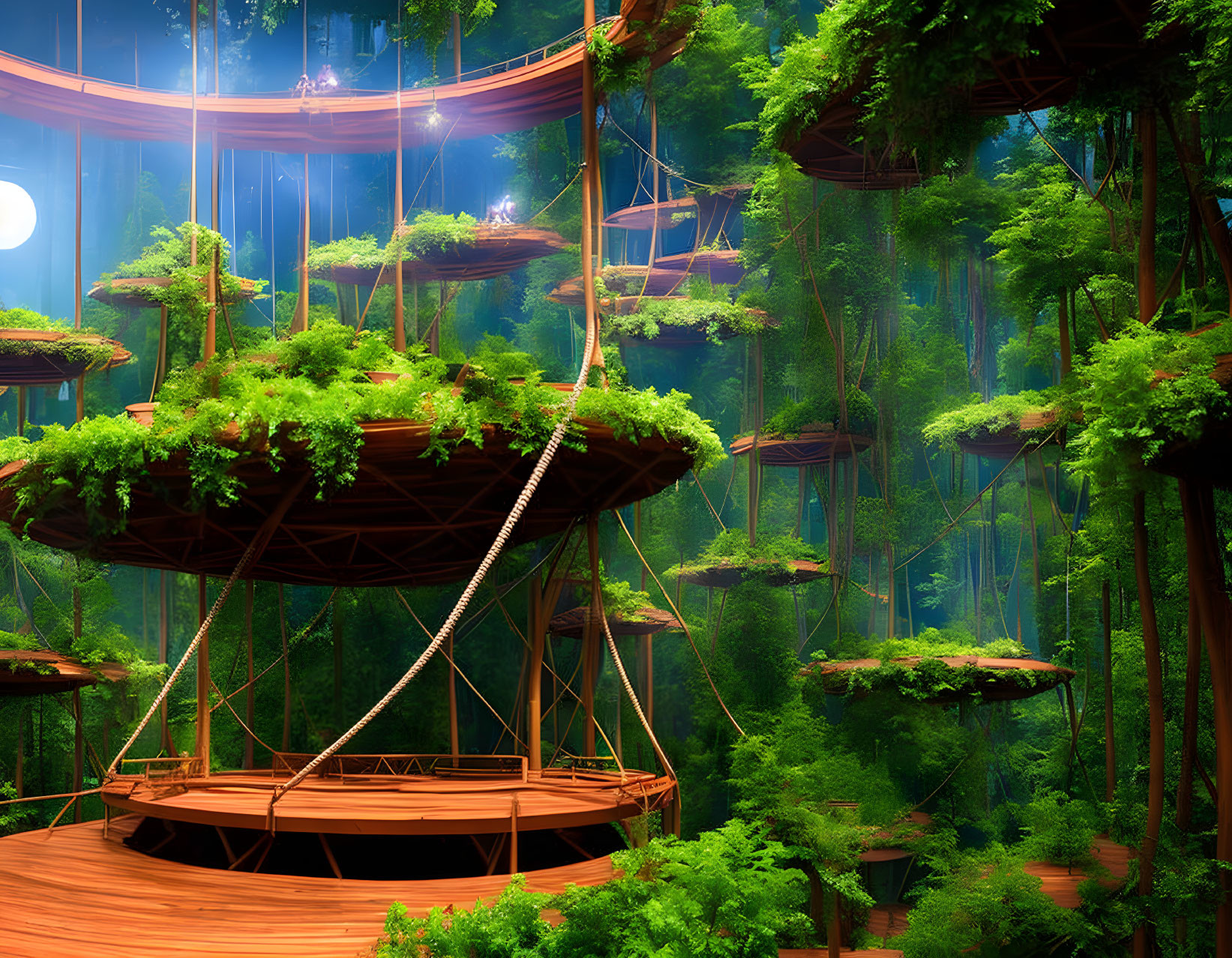 Enchanting forest scene with wooden platforms and rope bridges at night