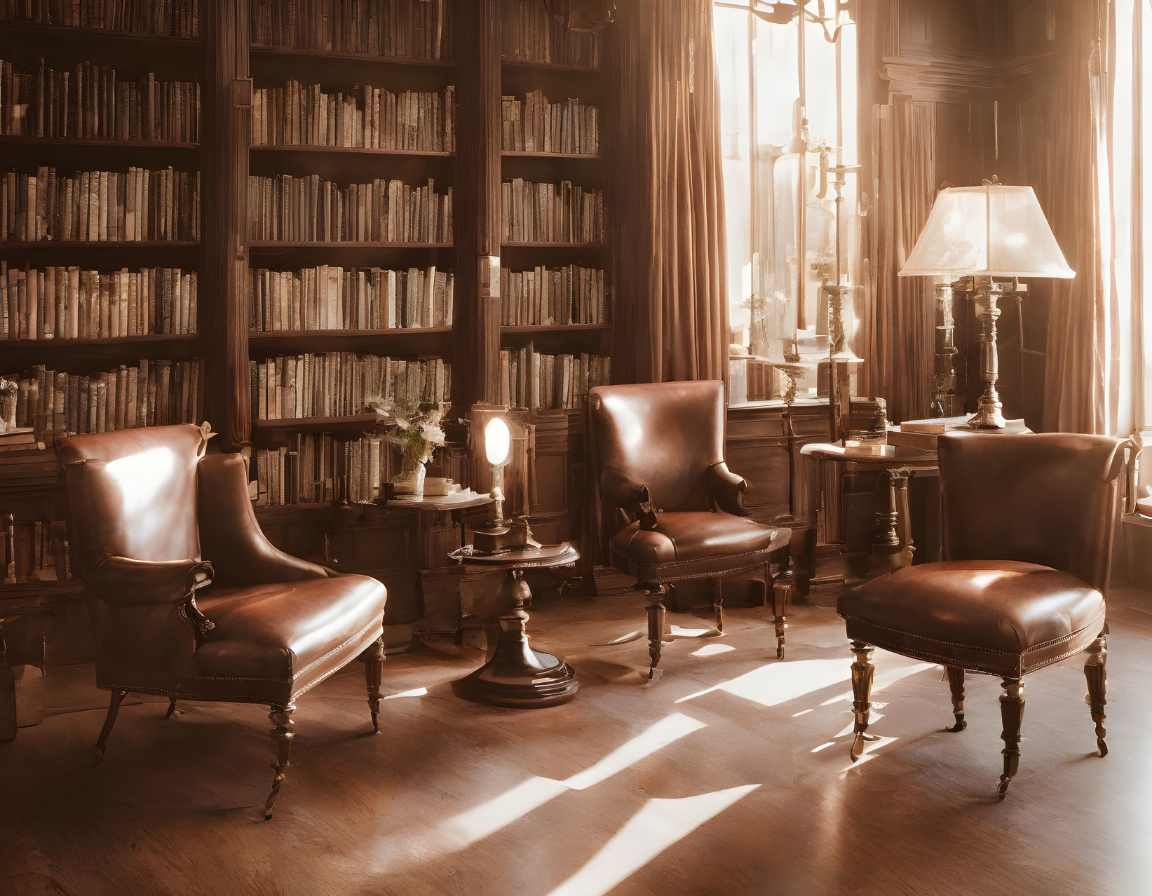 Vintage library with leather armchairs and wooden bookshelves