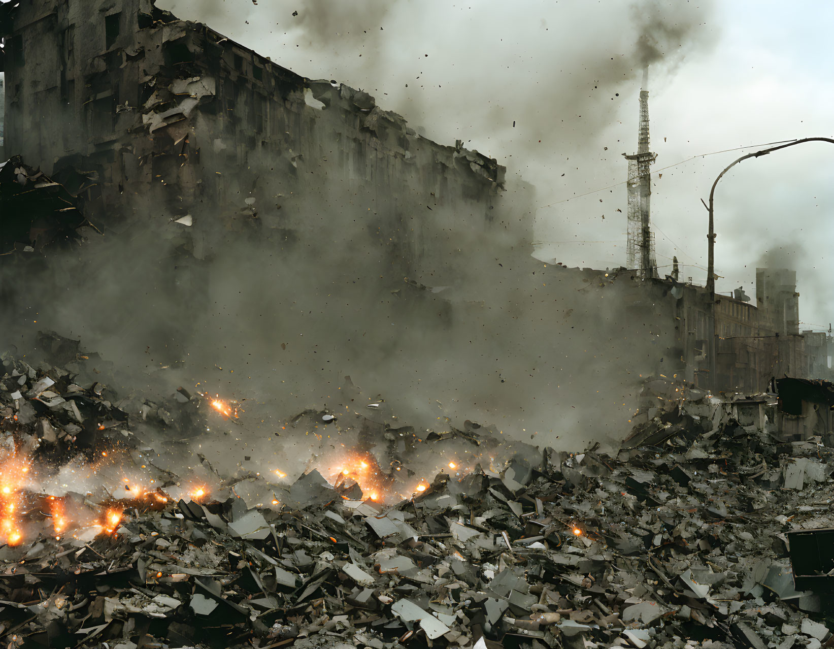 Crumbling building with debris, fires, and dust cloud