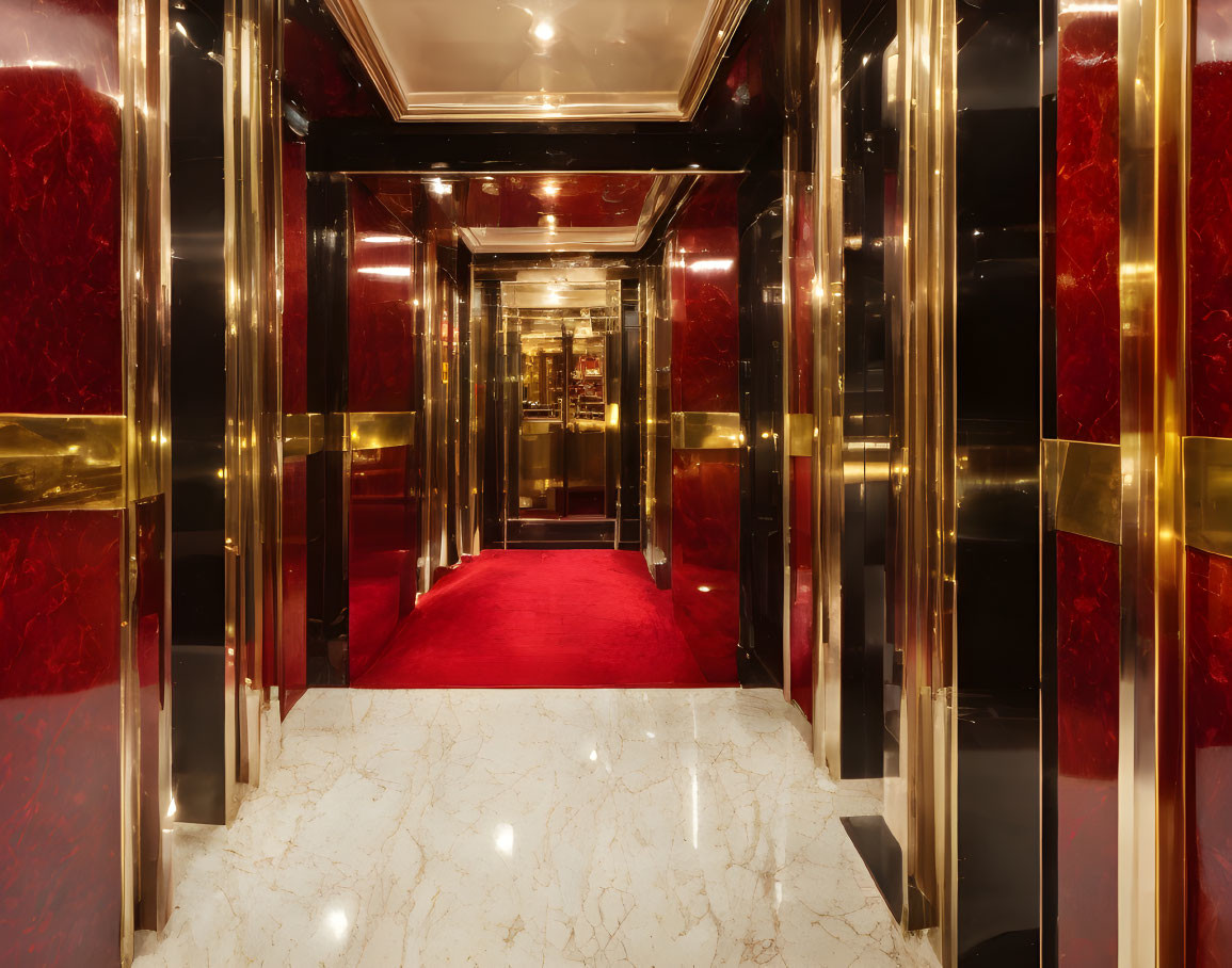 Luxurious Corridor with Mirrored Walls, Red Velvet Panels, Gold Trim, and White Marble Floor