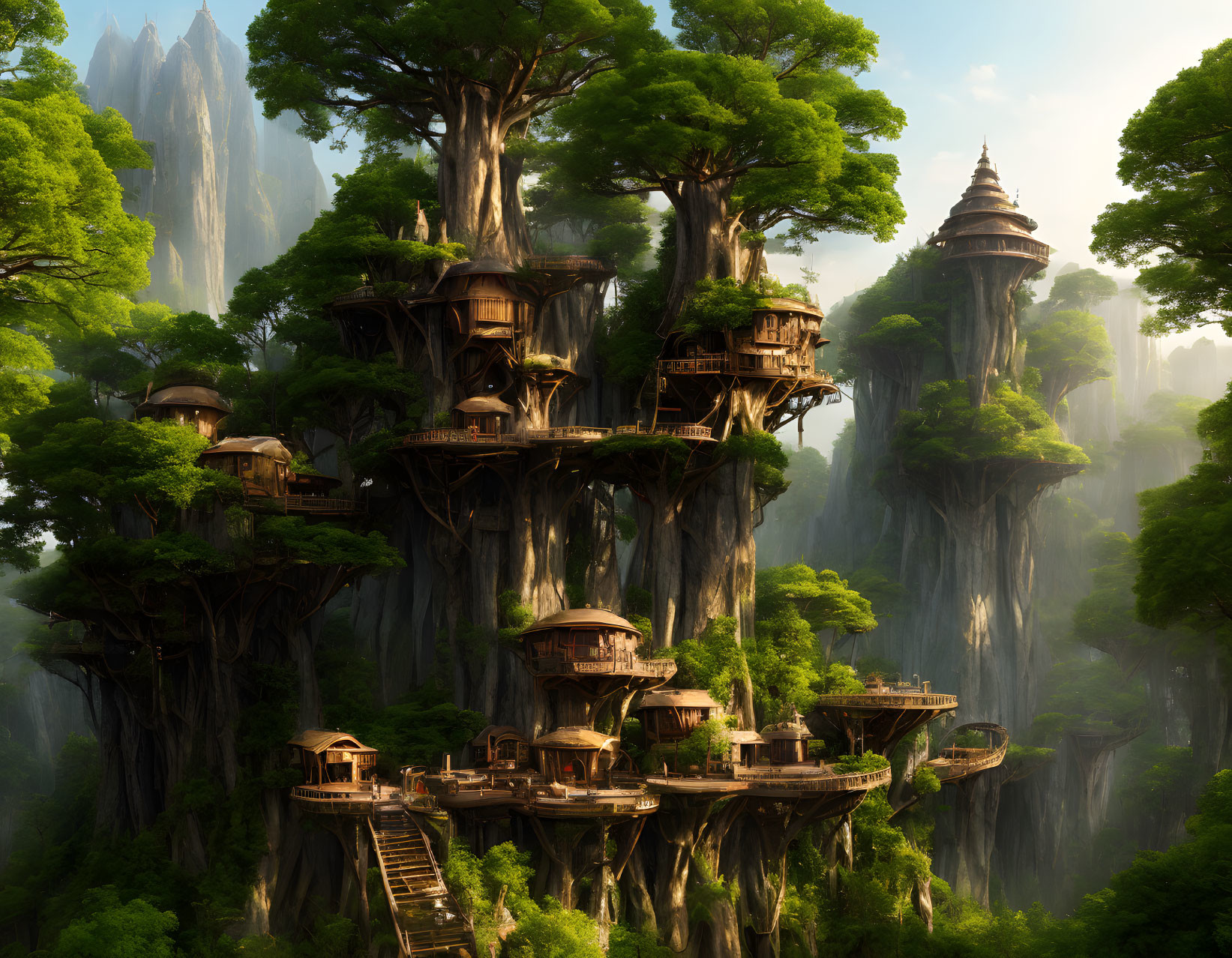 Ancient treehouses in lush green forest