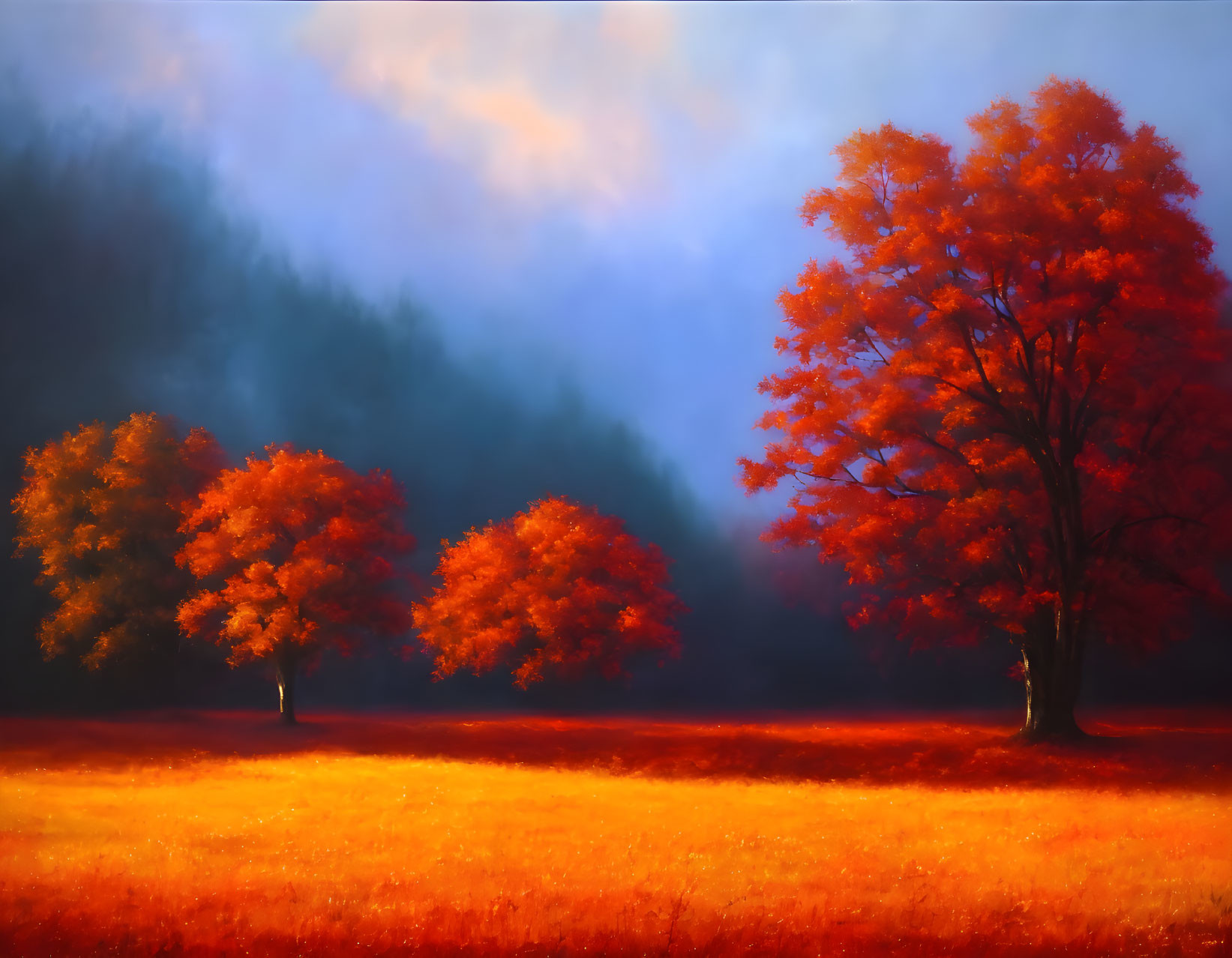 Autumn landscape with vibrant orange trees and misty background