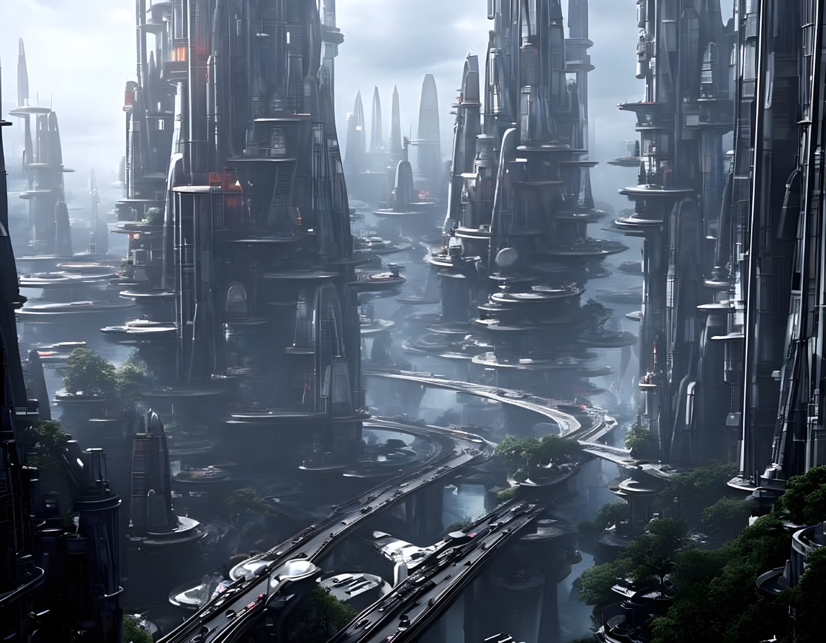 Futuristic cityscape with skyscrapers, roads, and greenery