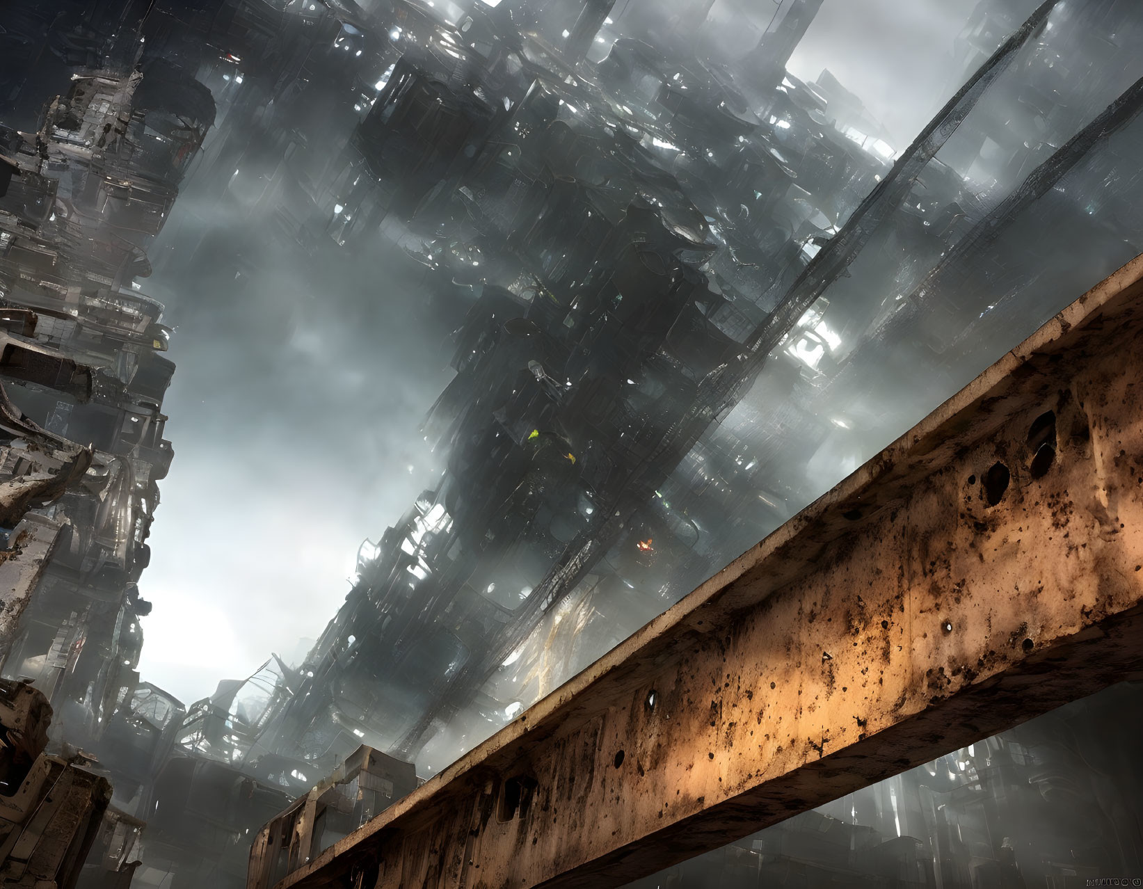 Dystopian cityscape with towering, dilapidated structures