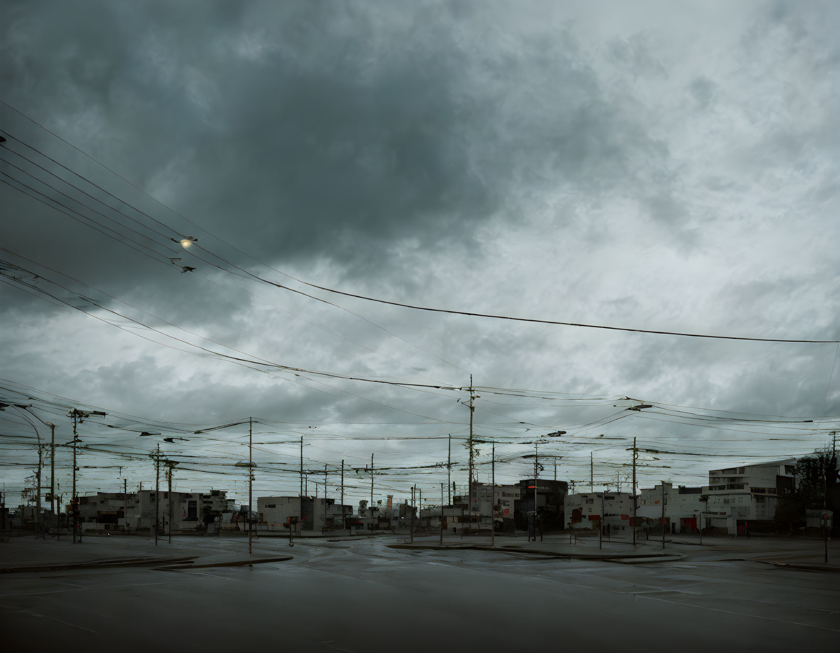 Urban street under overcast sky with power lines interlacing