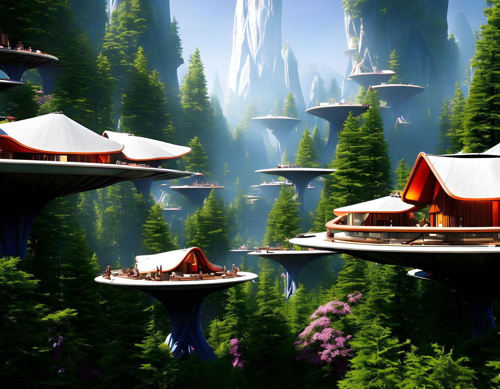 Modern treehouse structures in lush forest with cliffs and clear sky