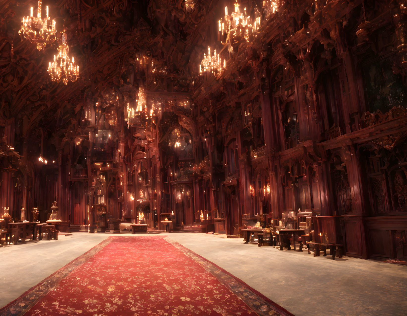 Luxurious ballroom with wooden paneling, chandeliers, red carpet, and ornate decor