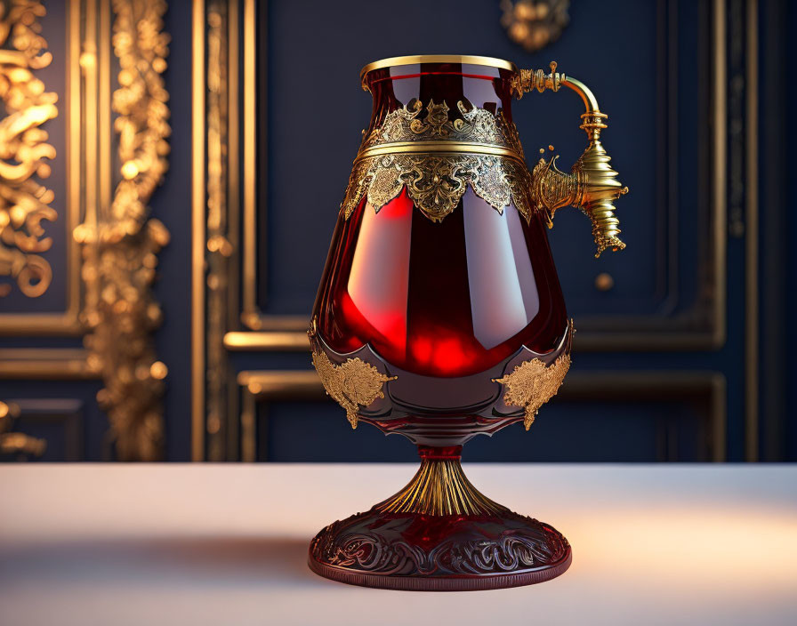 Ornate crimson and gold samovar on pedestal against dark blue background