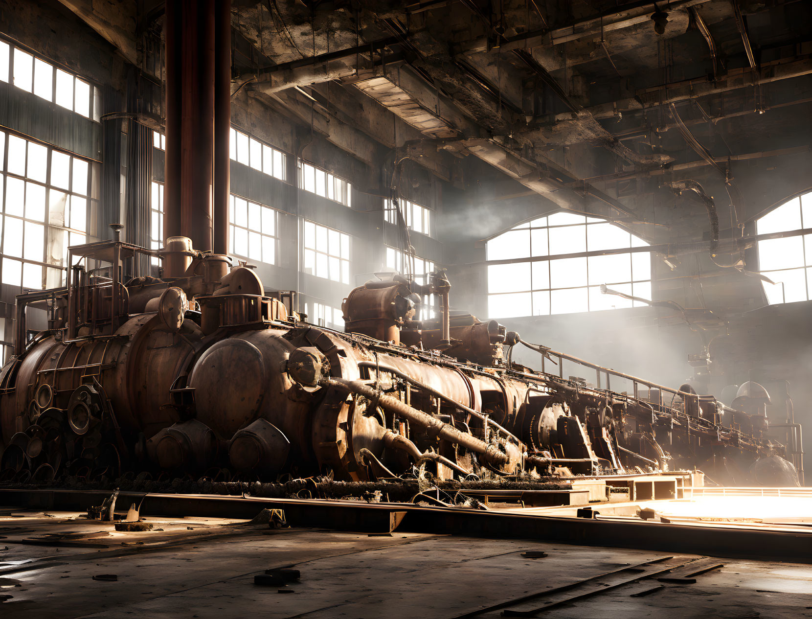 Rusty locomotive in abandoned industrial interior with sunlight and shadows