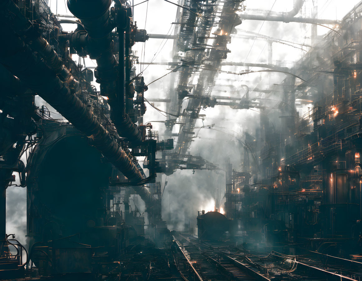 Industrial scene with dense steam and pipes, gritty metallic structures and train tracks.