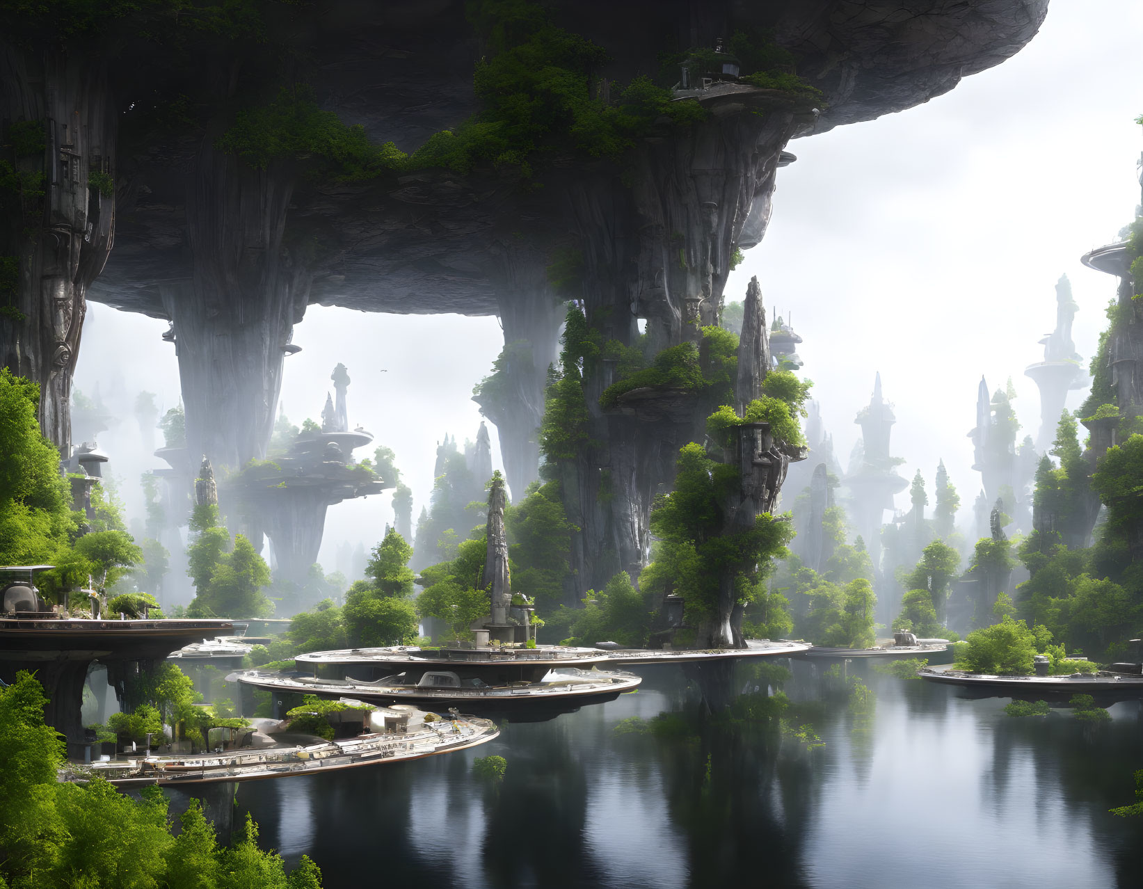 Tranquil landscape with rock formations, greenery, water bodies, and futuristic structures.