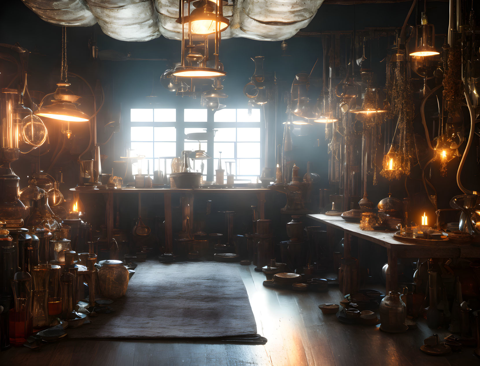 Vintage laboratory with glassware, flasks, candles, and hanging lamps in dim lighting.