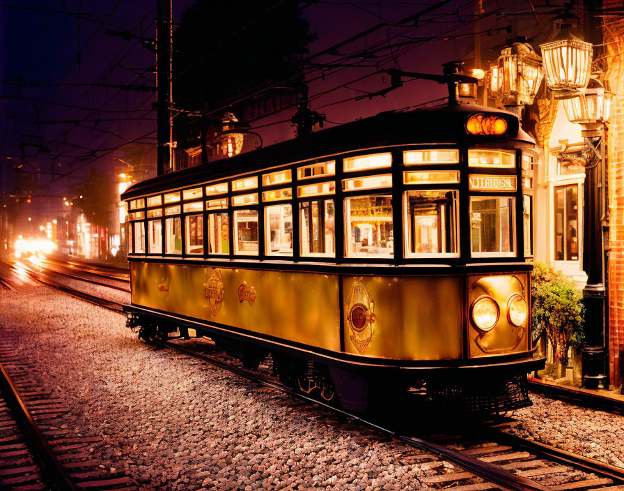 Vintage tram night scene under illuminated electric line canopy