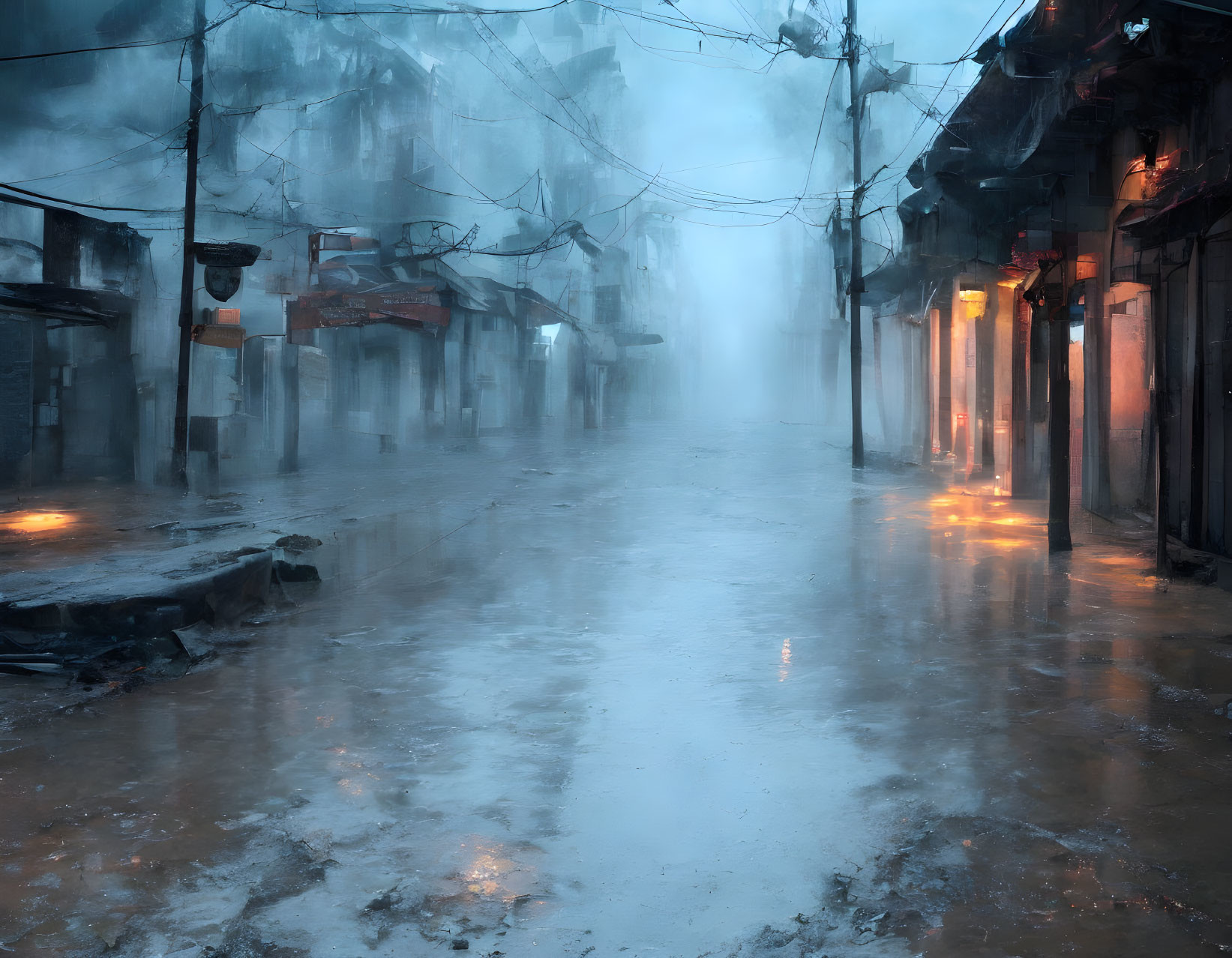 Rain-soaked street with mist and orange streetlights