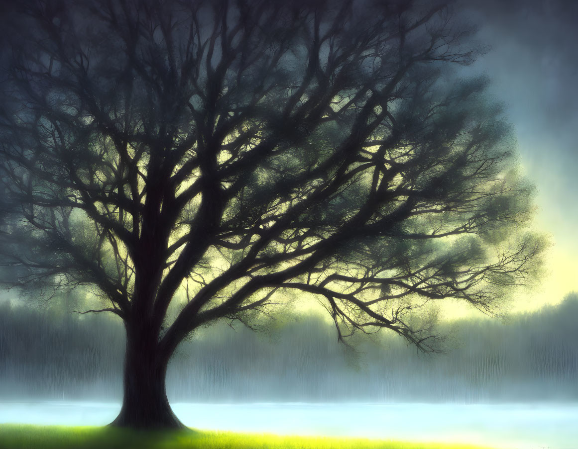 Majestic tree with dense branches in misty background