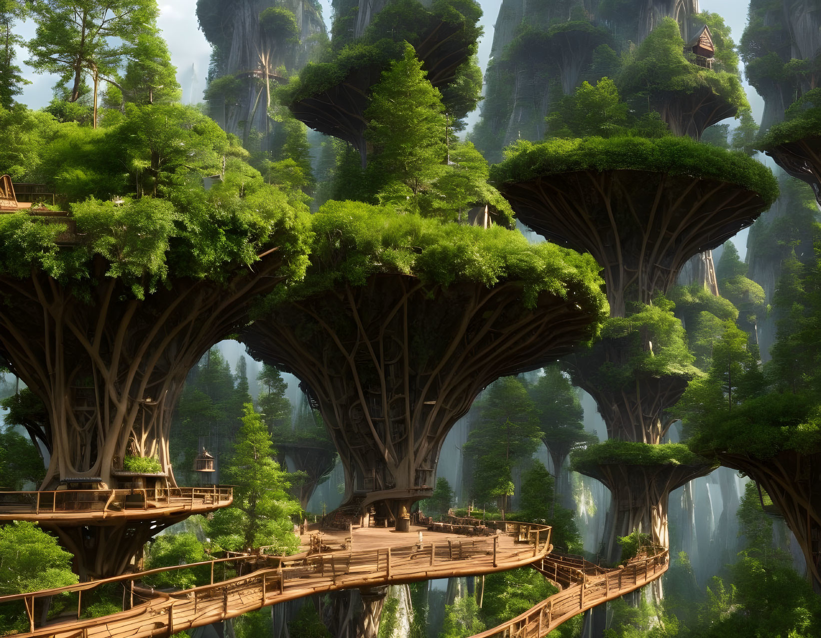 Enormous trees and wooden bridges in mystical forest