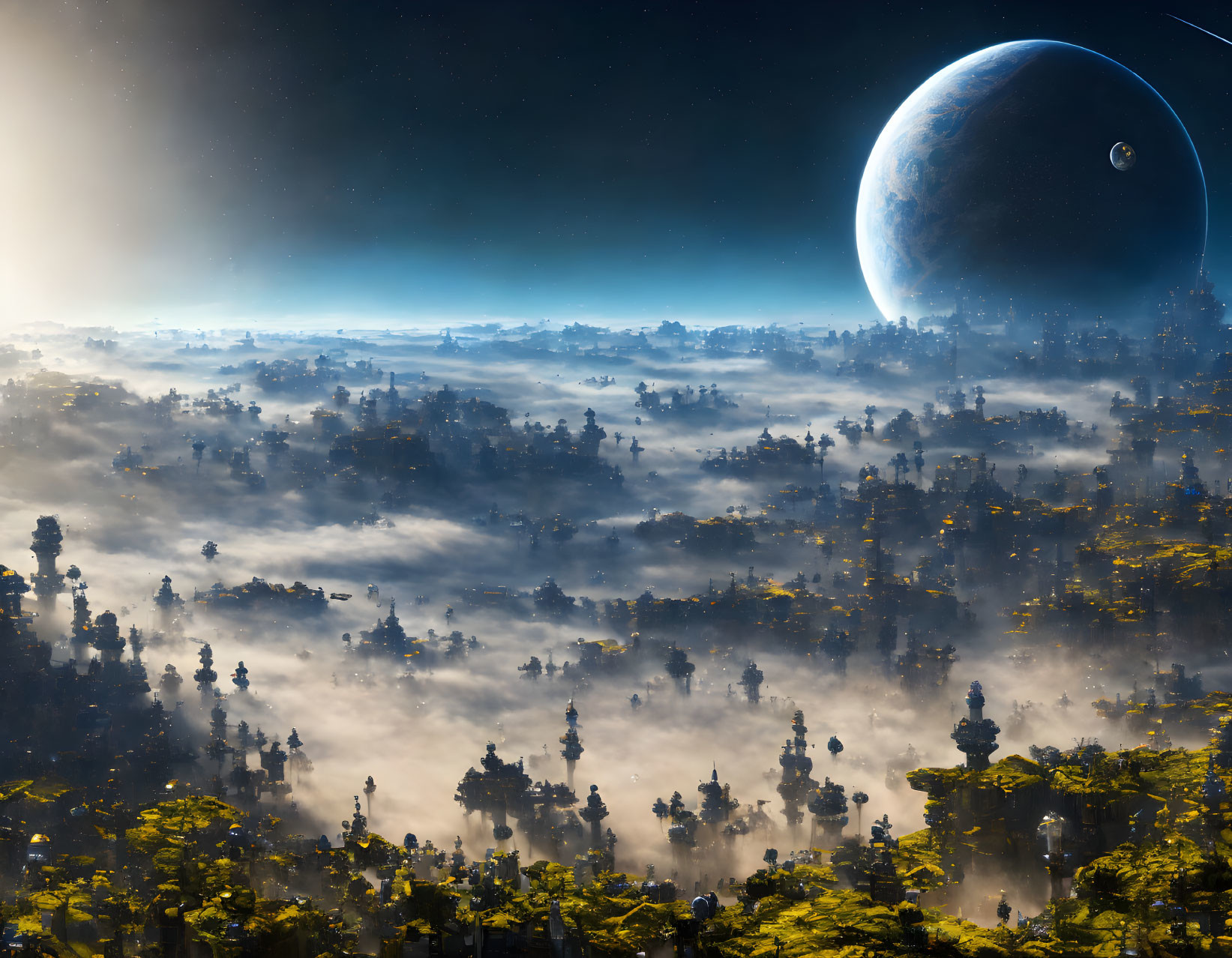 Misty extraterrestrial landscape with towering tree-like structures