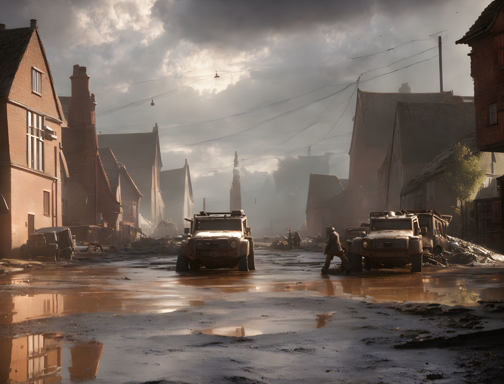 Desolate post-apocalyptic scene with military vehicles and people among ruined buildings under a hazy glowing sky