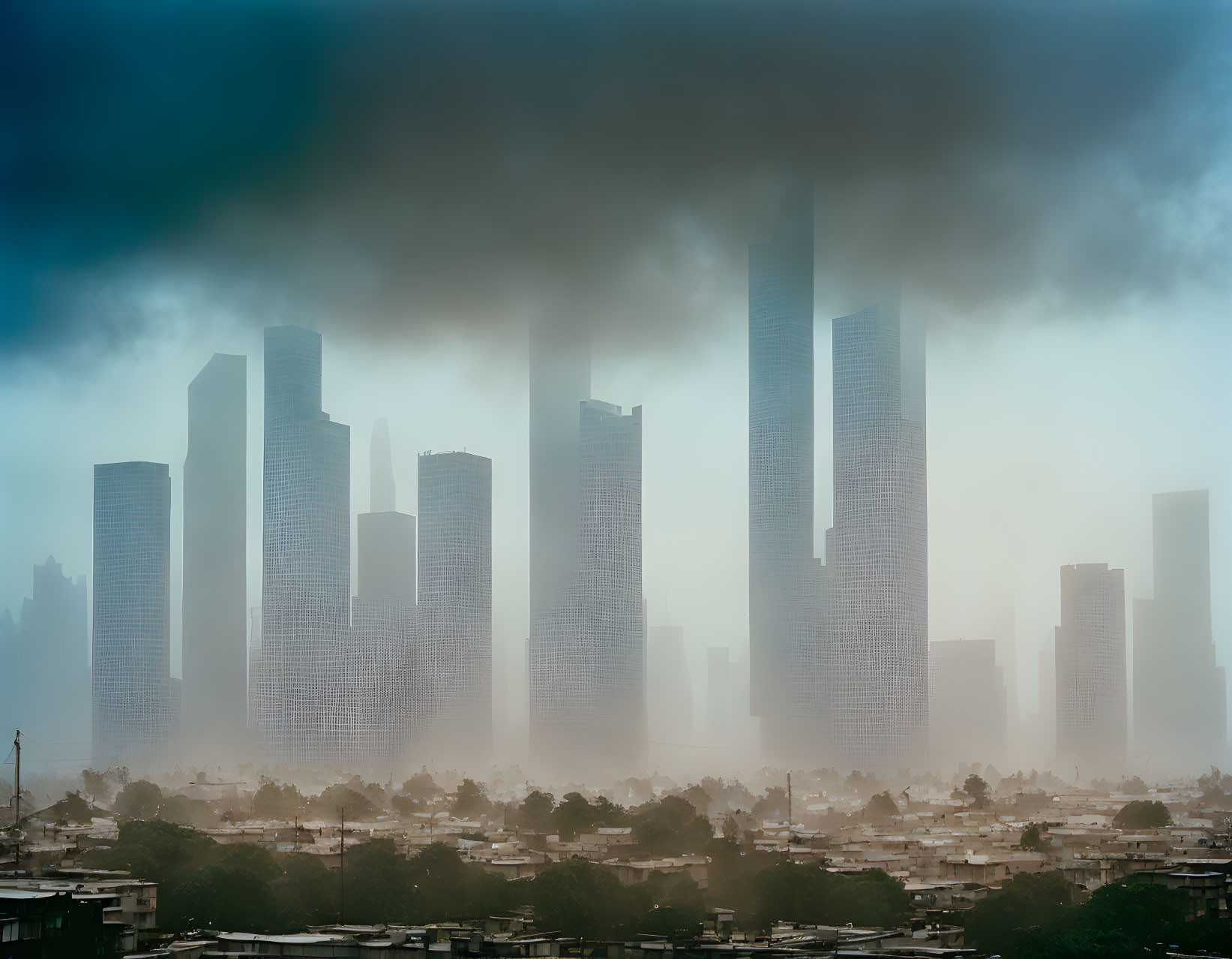 Foggy cityscape with skyscrapers in low-hanging clouds.