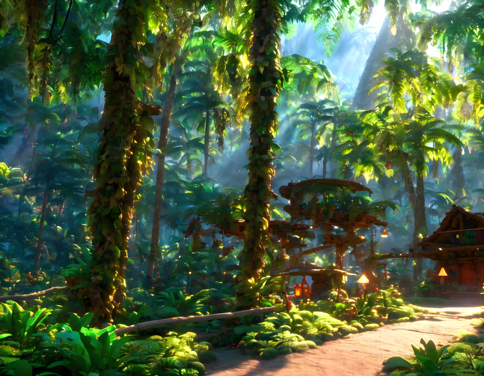 Lush jungle with sunlight, wooden huts, and bridges