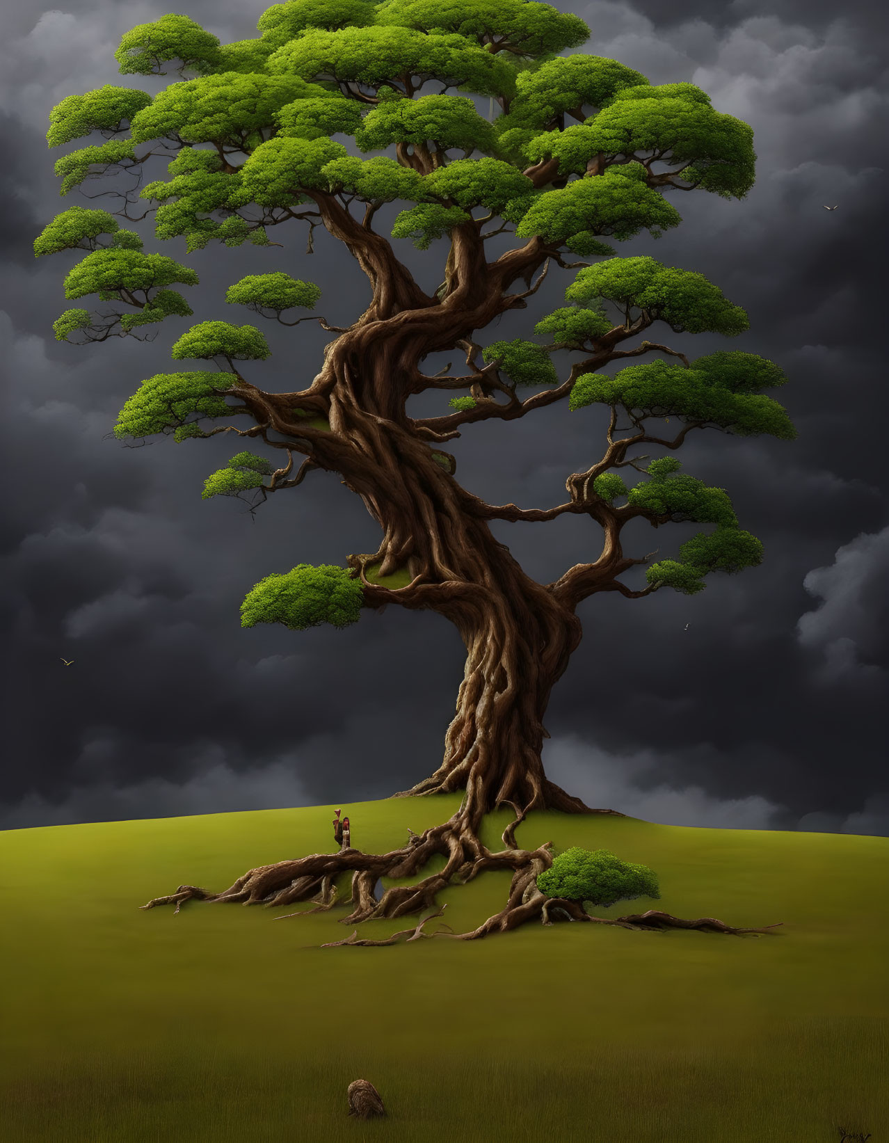 Majestic giant tree with thick trunk and lush canopy under stormy sky.