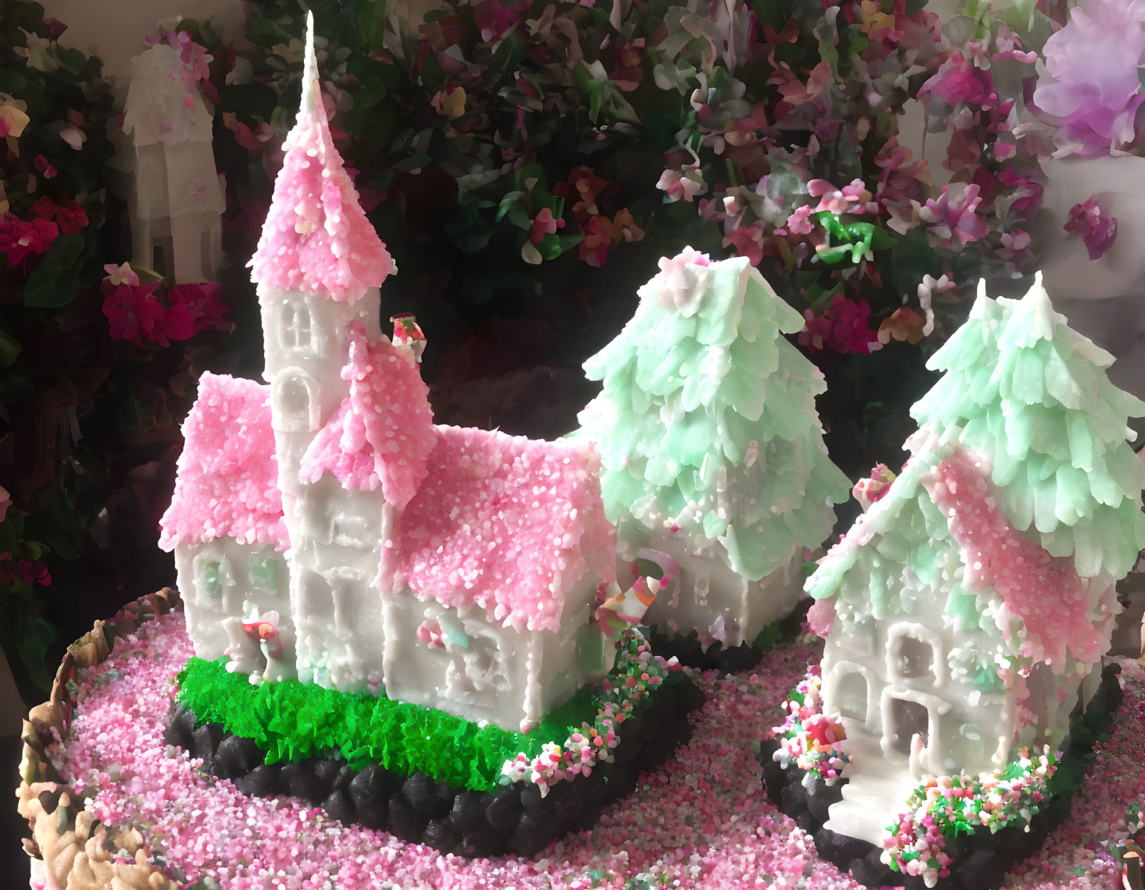 Whimsical pink frosted castle scene with edible trees and colorful flowers