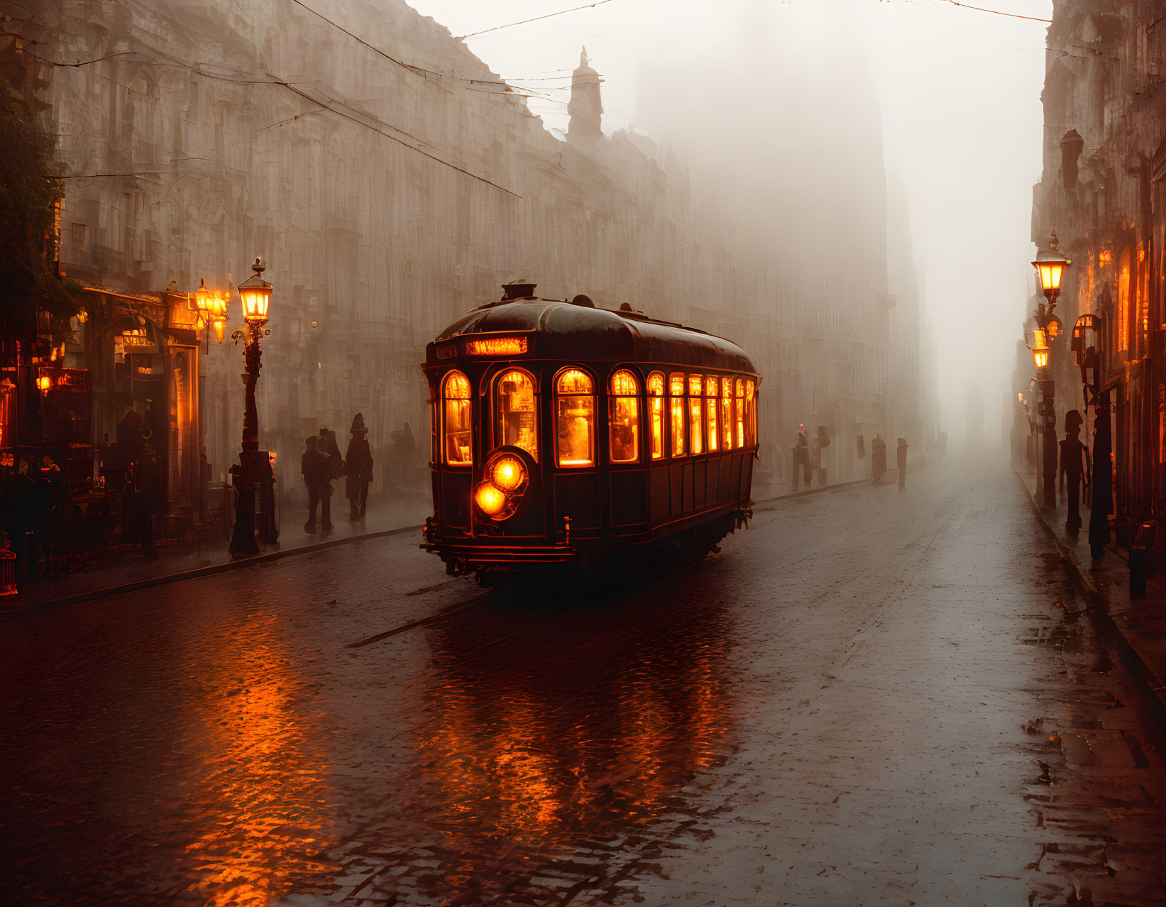 Vintage Tram on Foggy Street with Glowing Lamps