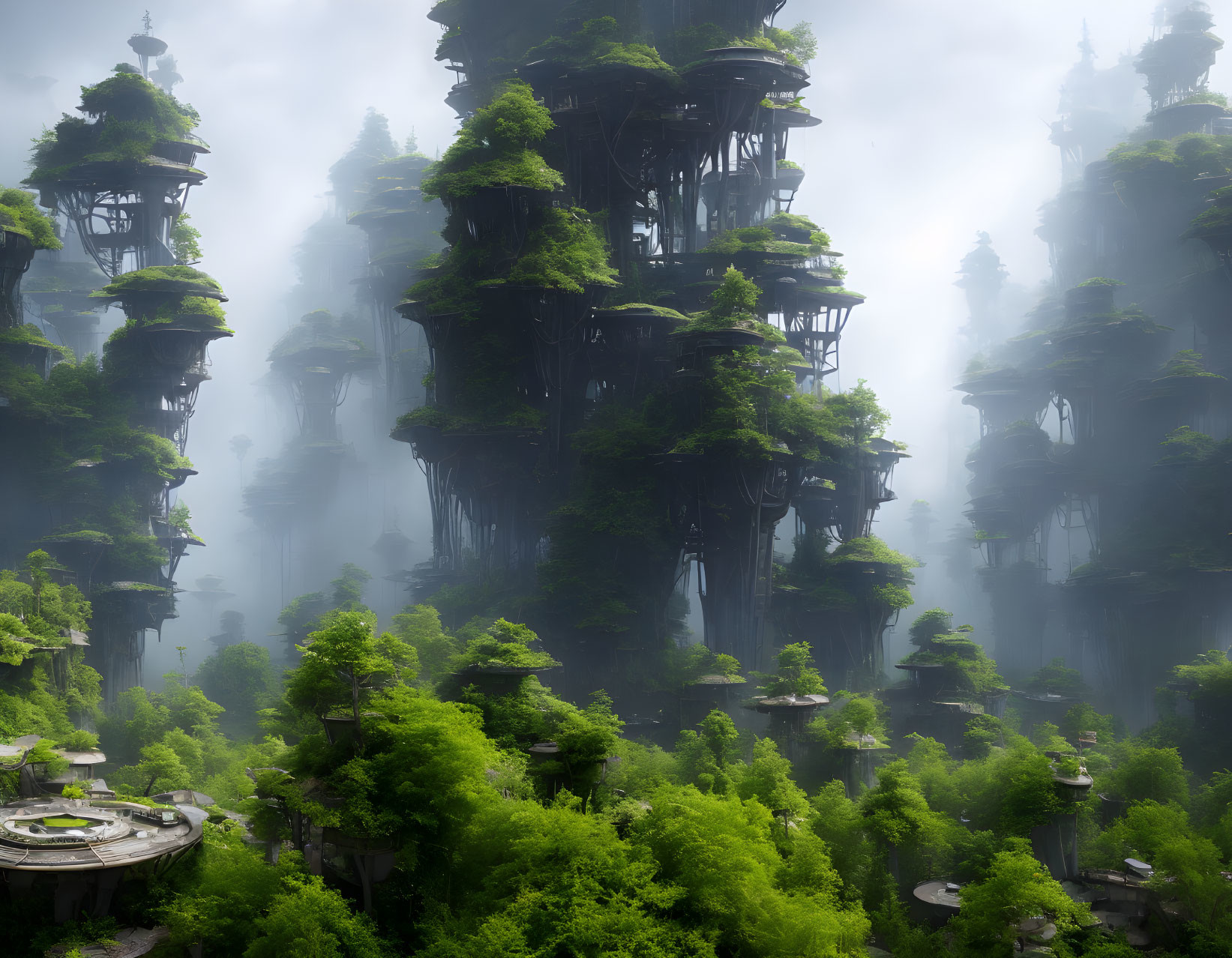 Ancient Trees with Intricate Structures in Misty Setting