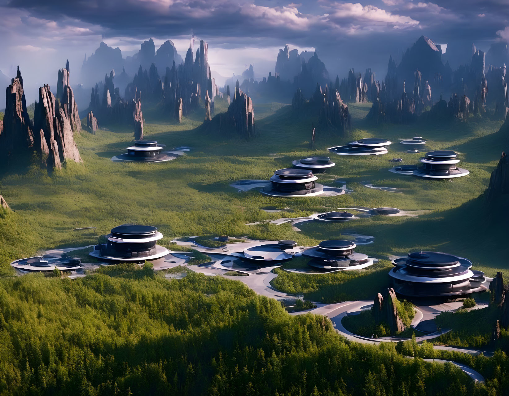 Futuristic cityscape with circular structures in lush greenery