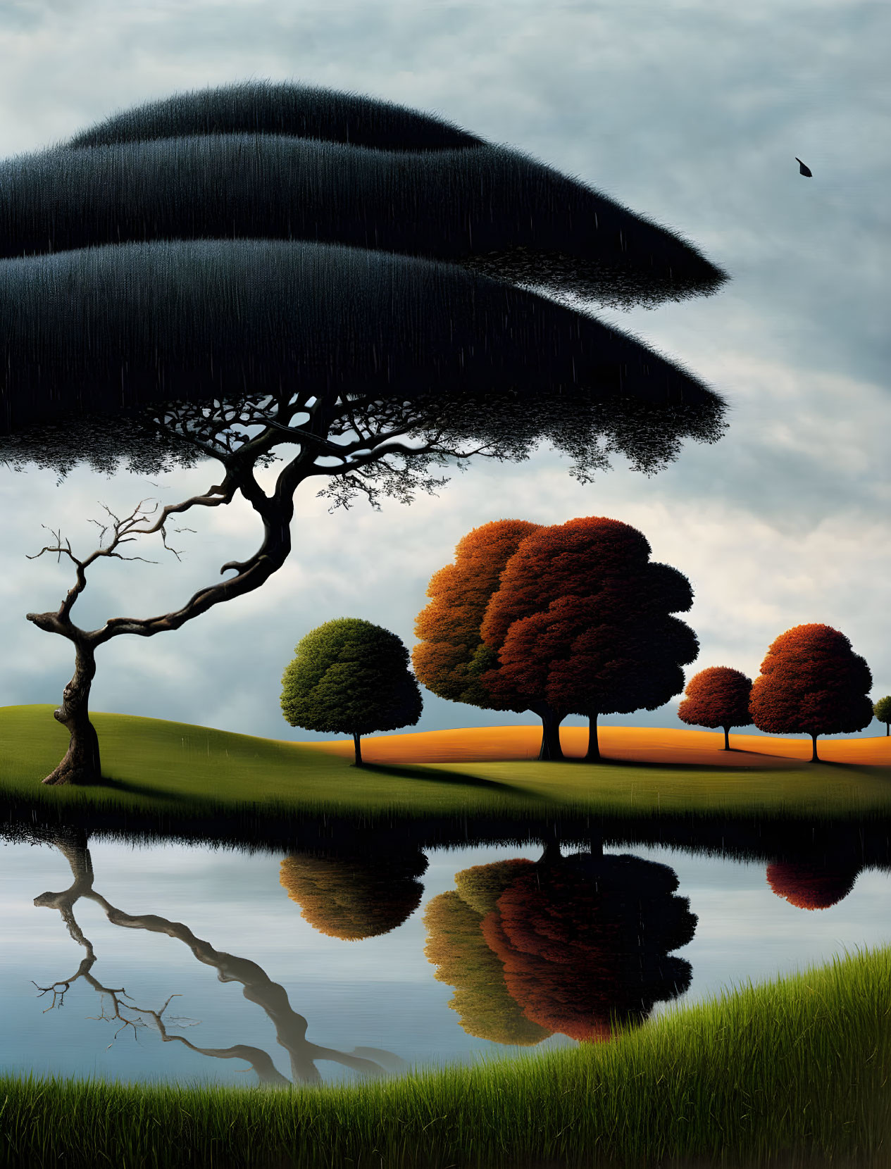 Surreal landscape painting with large tree, bushes, pond, and bird.