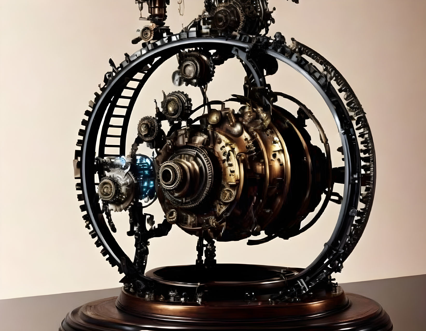 Steampunk mechanical sculpture with gears, cogs, and globe on wooden base