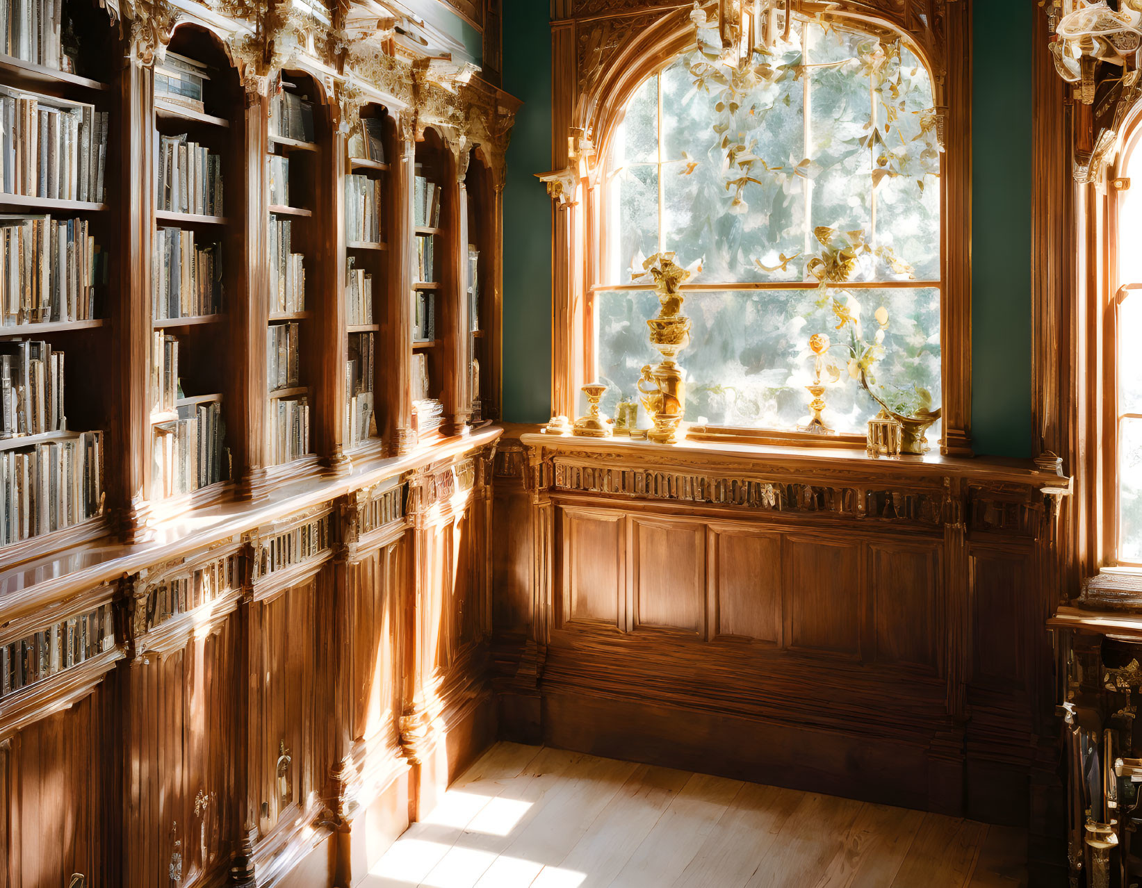 Classic Library with Ornate Bookshelves and Stained Glass Window