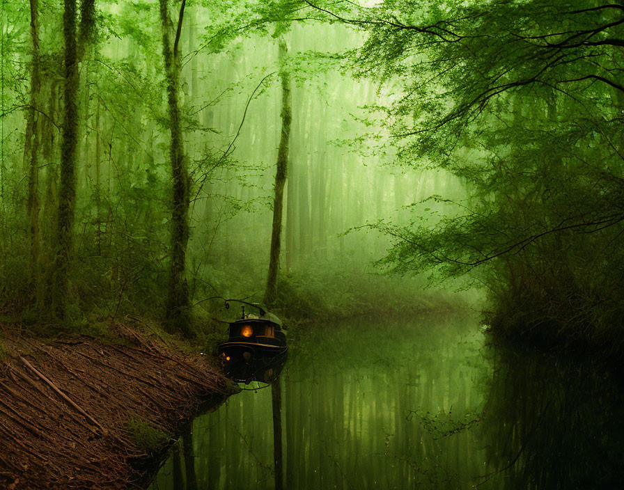 Tranquil river scene: small boat in lush green forest