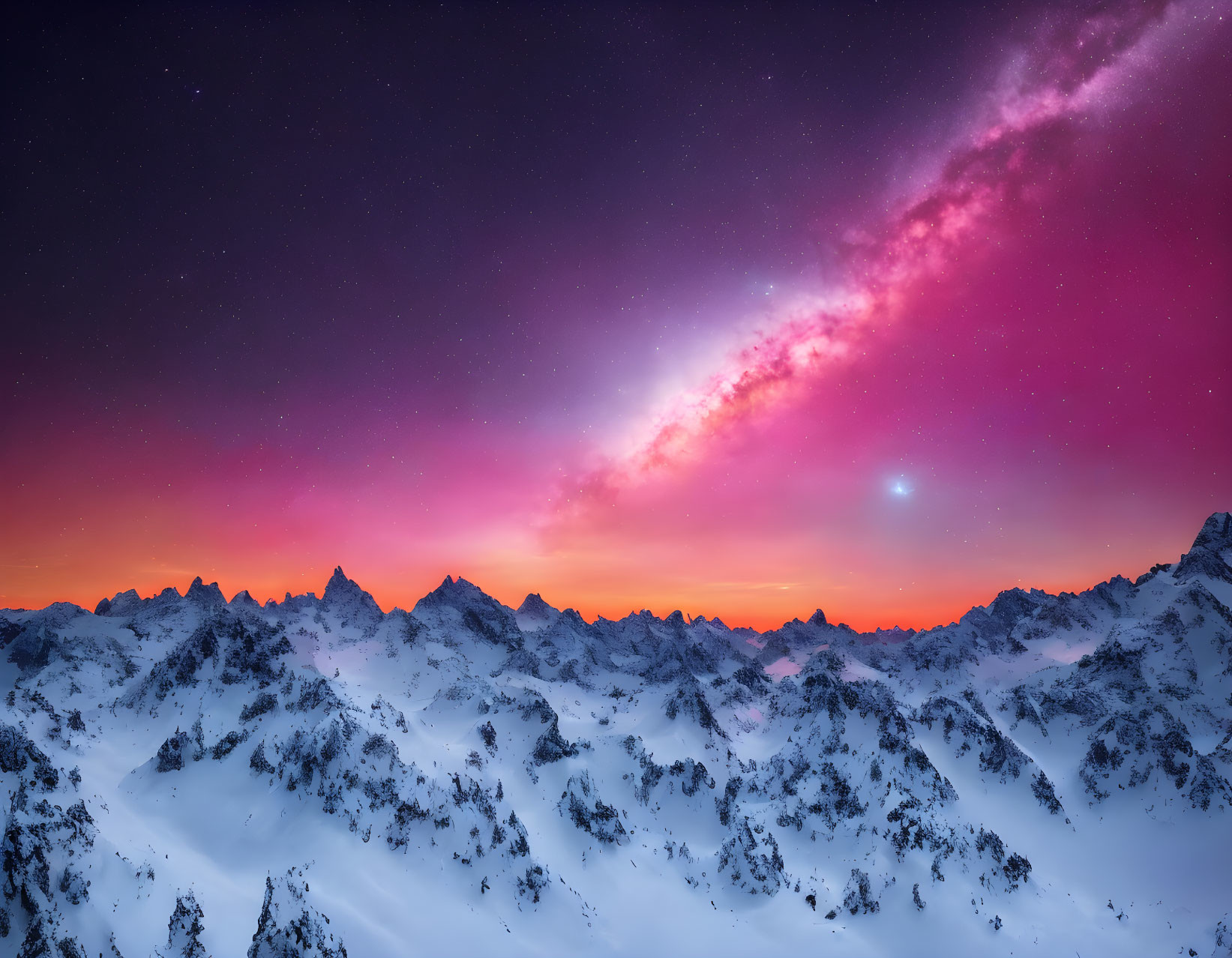 Snowy Mountain Peaks Under Vivid Night Sky with Stars