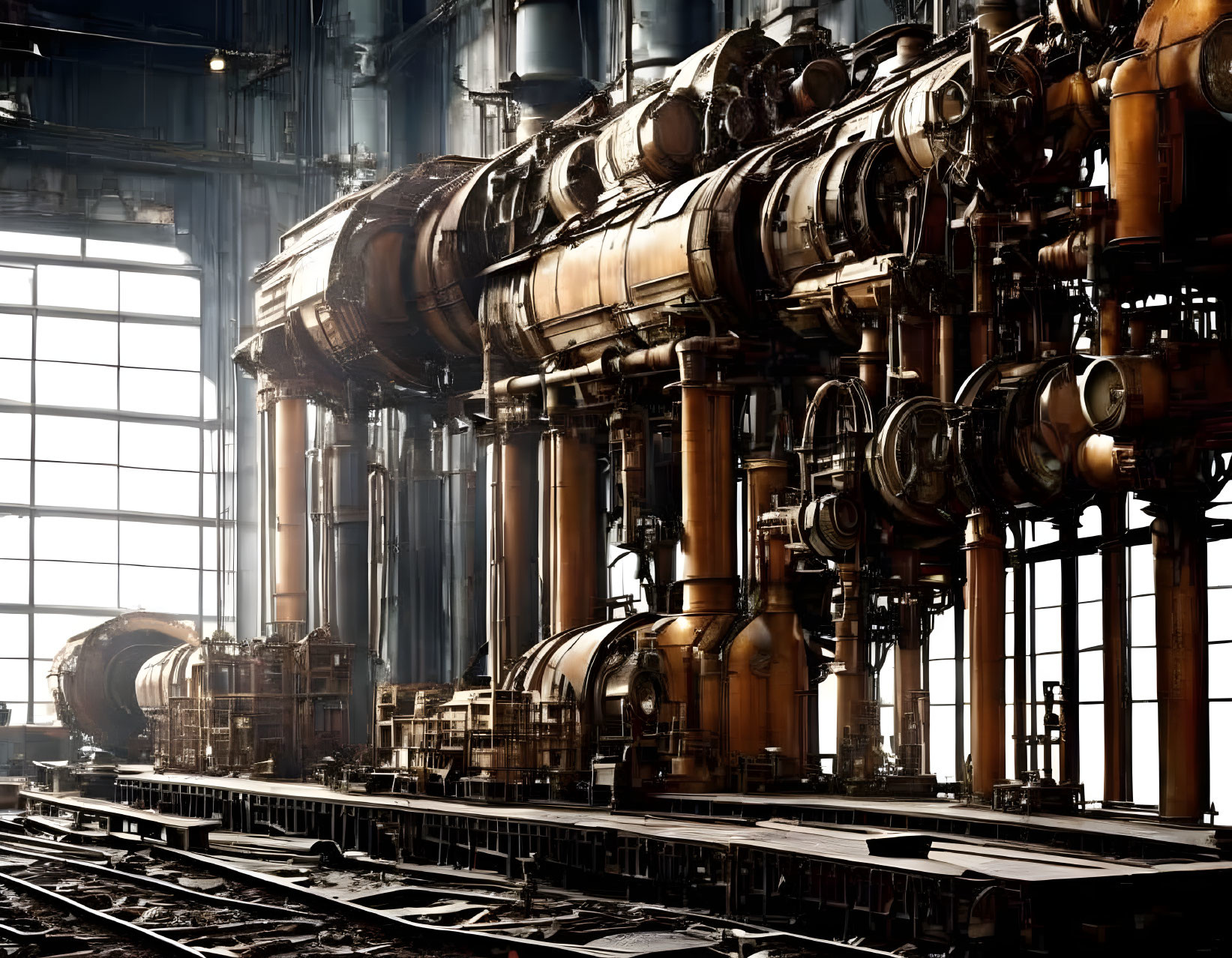 Industrial interior with metallic machinery, pipes, rail tracks, and warm lighting